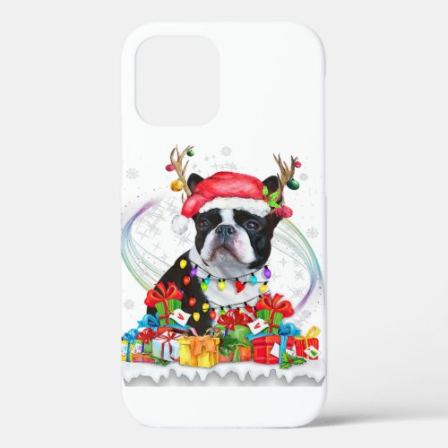 Boston Terrier Santa Hat Reindeer Christmas Lights iPhone 12 Case