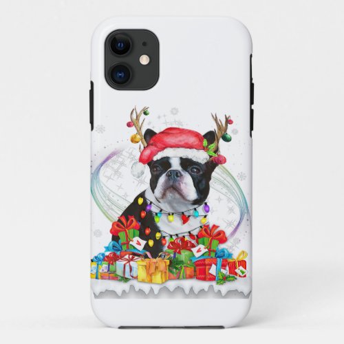 Boston Terrier Santa Hat Reindeer Christmas Lights iPhone 11 Case