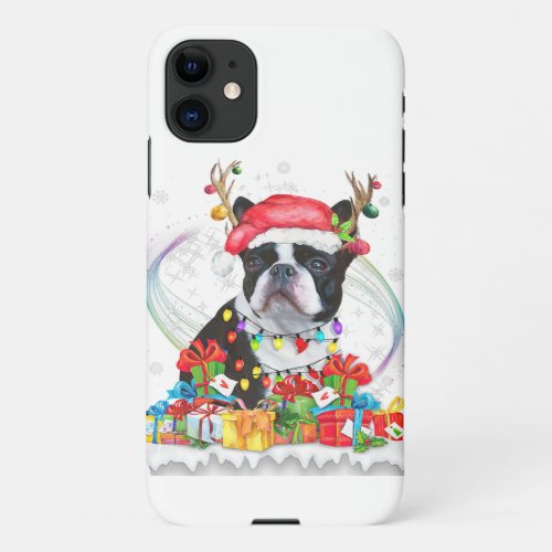 Boston Terrier Santa Hat Reindeer Christmas Lights iPhone 11 Case