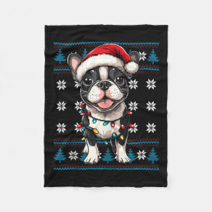 Boston Terrier Santa Xmas Tree Lights Bostie Ugly  Fleece Blanket
