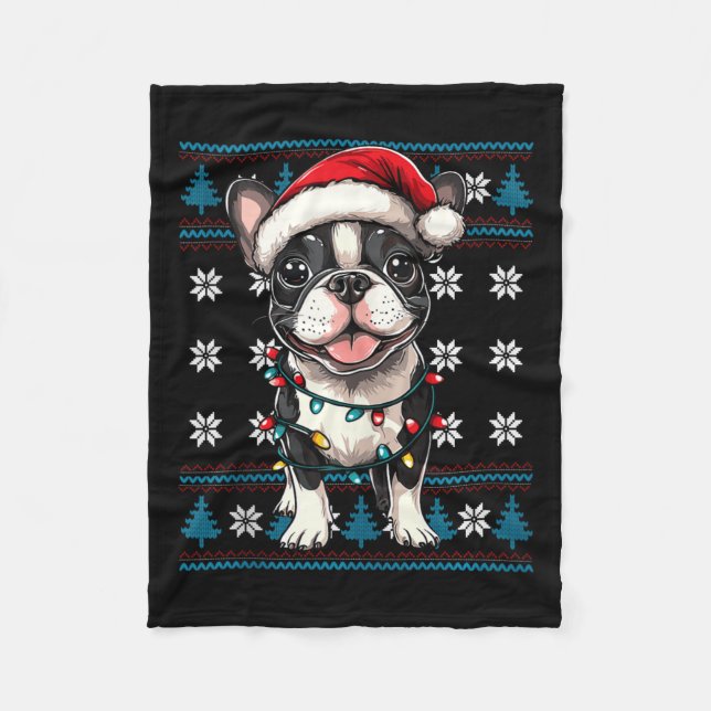 Boston Terrier Santa Xmas Tree Lights Bostie Ugly  Fleece Blanket (Front)