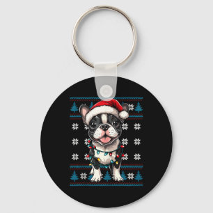 Boston Terrier Santa Xmas Tree Lights Bostie Ugly Keychain