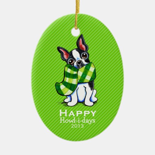 Boston Terrier Scarf Christmas Mod Stripe Custom Ceramic Ornament