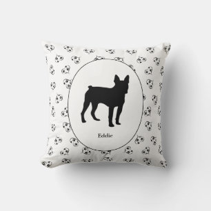 Boston Terrier Silhouette Hearts Pawprints Throw Pillow