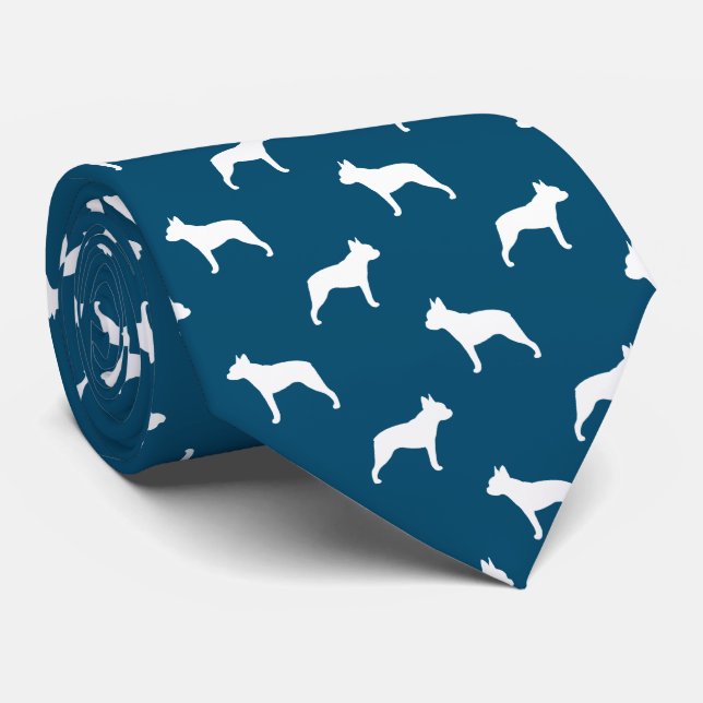 Boston Terrier Silhouettes Pattern Blue and White Neck Tie (Rolled)
