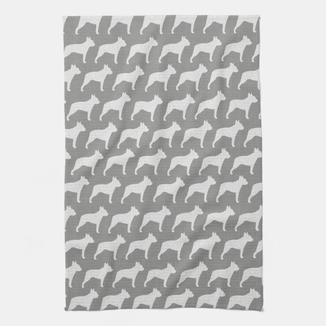 Boston Terrier Silhouettes Pattern Grey Kitchen Towel (Vertical)