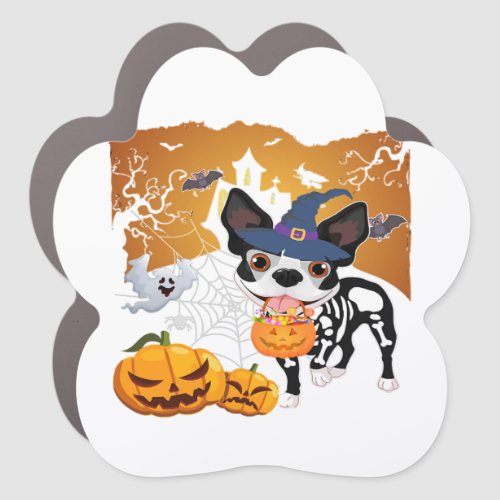 Boston Terrier Skeleton Dog Pumpkin Halloween Cost Car Magnet