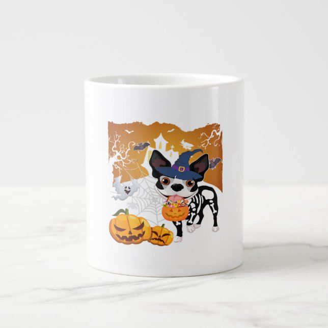 Boston Terrier Skeleton Dog Pumpkin Halloween Cost Giant Coffee Mug (Front)
