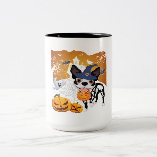 Boston Terrier Skeleton Dog Pumpkin Halloween Cost Two_Tone Coffee Mug