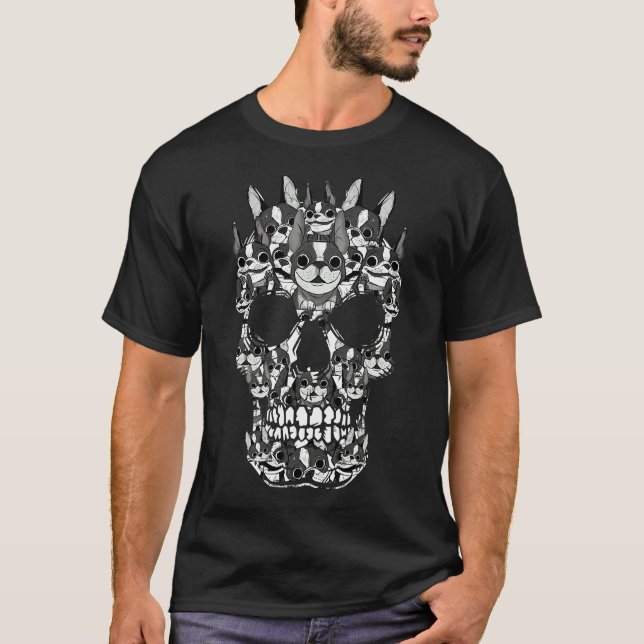 Boston Terrier Skull Dog  Owner Halloween Costume T-Shirt (Front)
