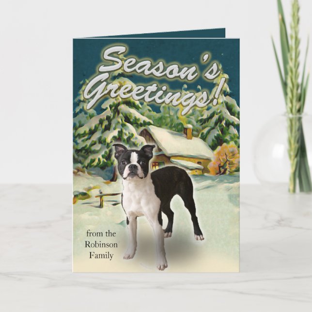 Boston Terrier Snow Cabin Christmas Cards (Front)