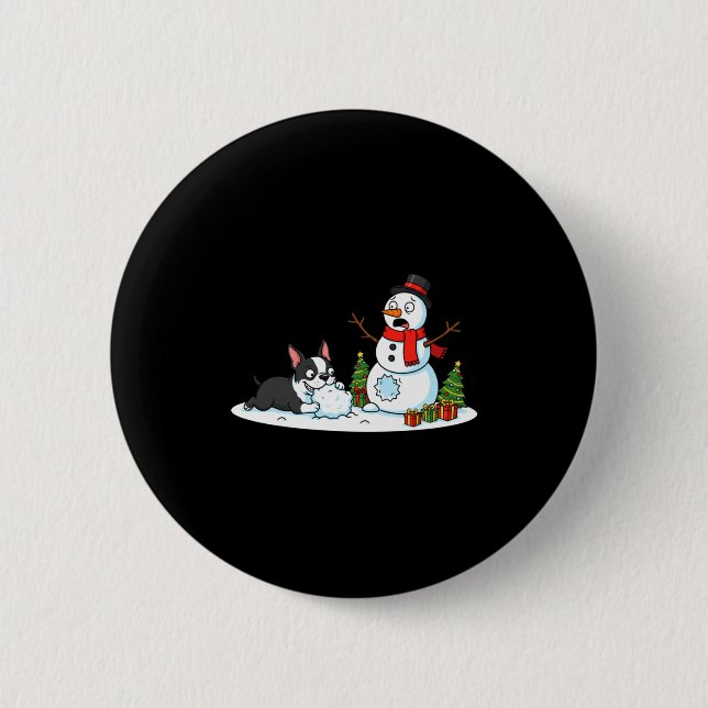 Boston Terrier Snowman Christmas Tree Xmas Womens  Button (Front)