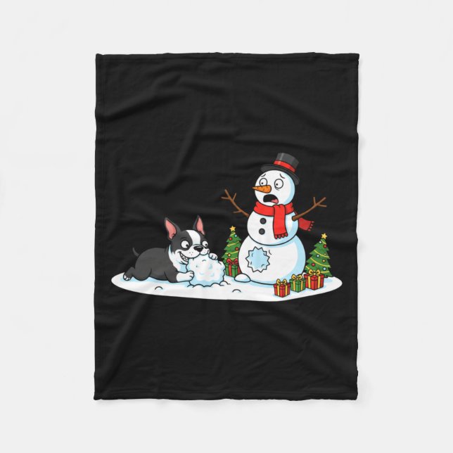 Boston Terrier Snowman Christmas Tree Xmas Womens  Fleece Blanket (Front)
