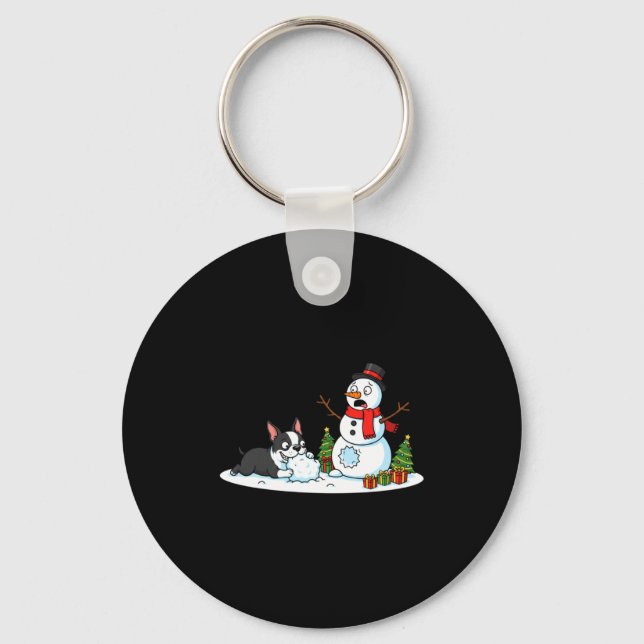 Boston Terrier Snowman Christmas Tree Xmas Womens  Keychain (Front)