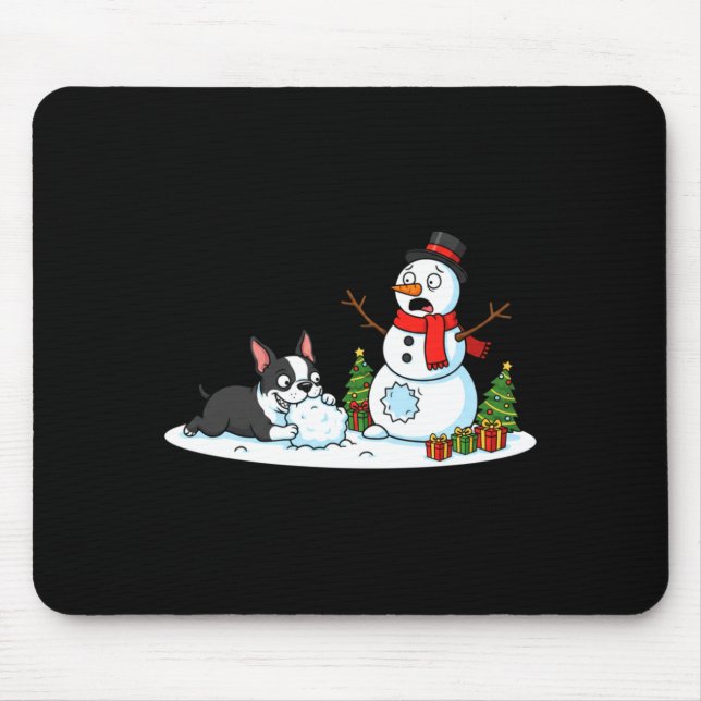 Boston Terrier Snowman Christmas Tree Xmas Womens  Mouse Pad (Front)