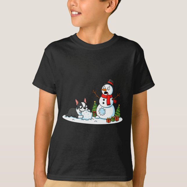 Boston Terrier Snowman Christmas Tree Xmas Womens  T-Shirt (Front)