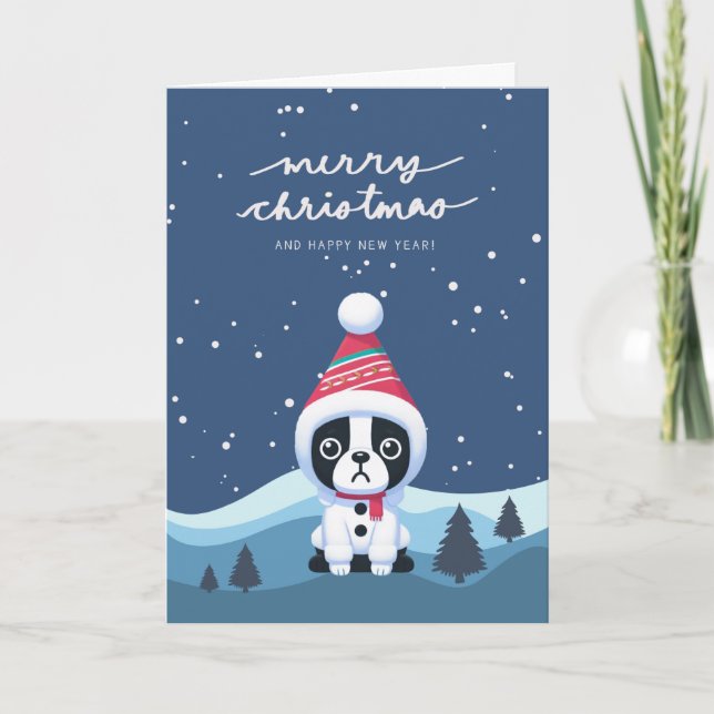 Boston Terrier Snowy Hills Christmas Holiday Card (Front)