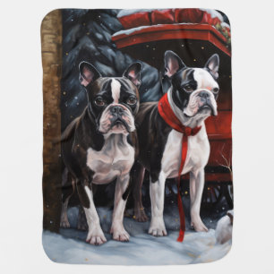 Boston Terrier Snowy Sleigh Christmas Decor Baby Blanket