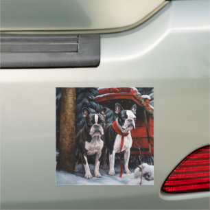 Boston Terrier Snowy Sleigh Christmas Decor Car Magnet