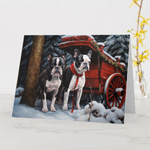 Boston Terrier Snowy Sleigh Christmas Decor Card