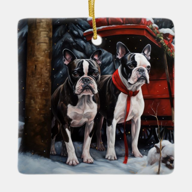 Boston Terrier Snowy Sleigh Christmas Decor   Ceramic Ornament (Front)