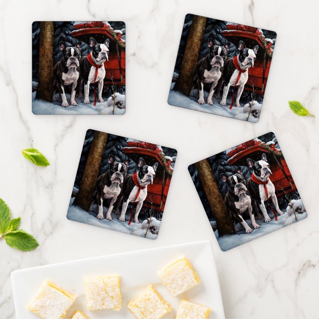 Boston Terrier Snowy Sleigh Christmas Decor   Coaster Set (In Situ)