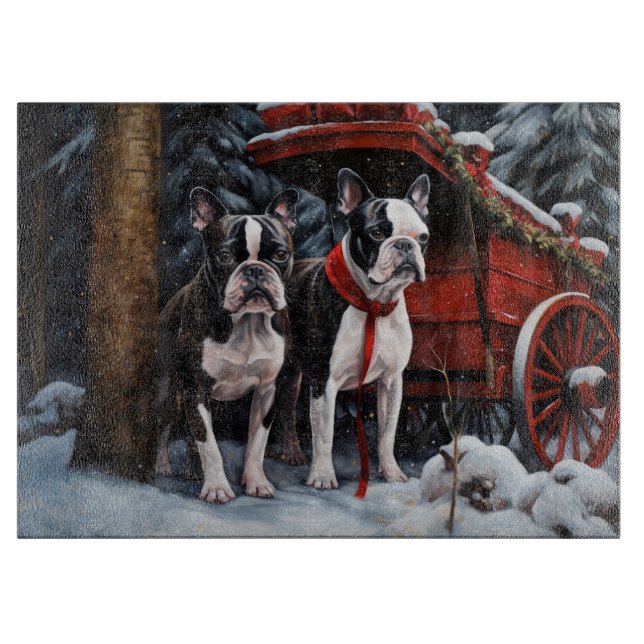 Boston Terrier Snowy Sleigh Christmas Decor   Cutting Board (Front)