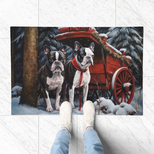 Boston Terrier Snowy Sleigh Christmas Decor    Doormat