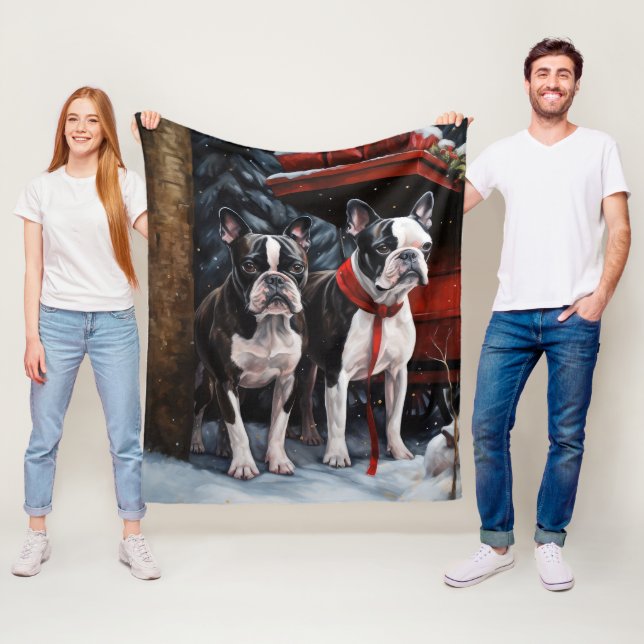 Boston Terrier Snowy Sleigh Christmas Decor    Fleece Blanket (In Situ)