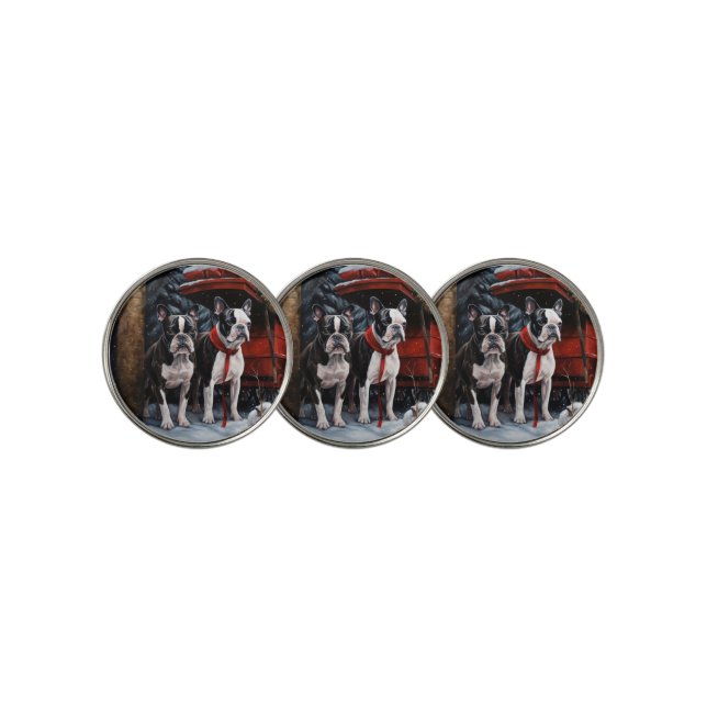 Boston Terrier Snowy Sleigh Christmas Decor   Golf Ball Marker (3 Up)