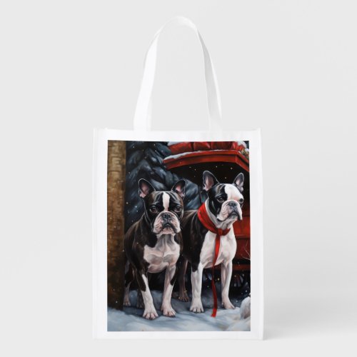 Boston Terrier Snowy Sleigh Christmas Decor   Grocery Bag