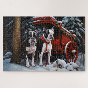 Boston Terrier Snowy Sleigh Christmas Decor Jigsaw Puzzle