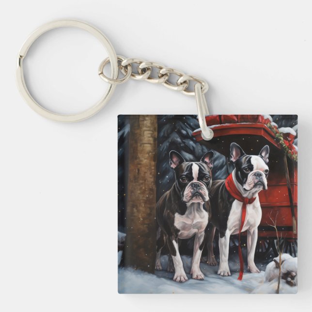 Boston Terrier Snowy Sleigh Christmas Decor   Keychain (Front)