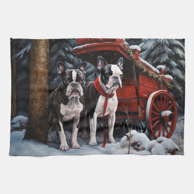 Boston Terrier Snowy Sleigh Christmas Decor   Kitchen Towel (Horizontal)