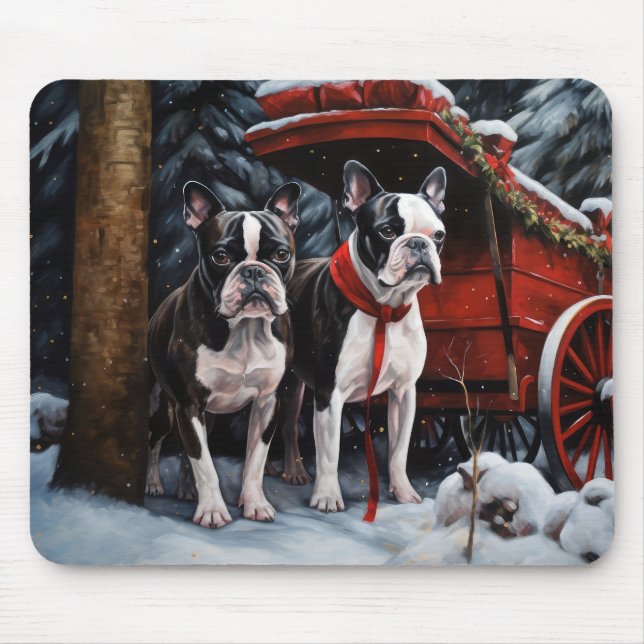 Boston Terrier Snowy Sleigh Christmas Decor    Mouse Pad (Front)