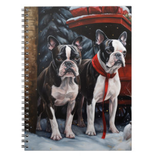 Boston Terrier Snowy Sleigh Christmas Decor   Notebook