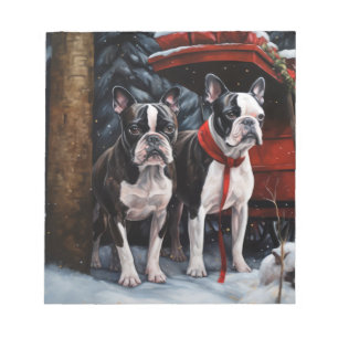 Boston Terrier Snowy Sleigh Christmas Decor Notepad