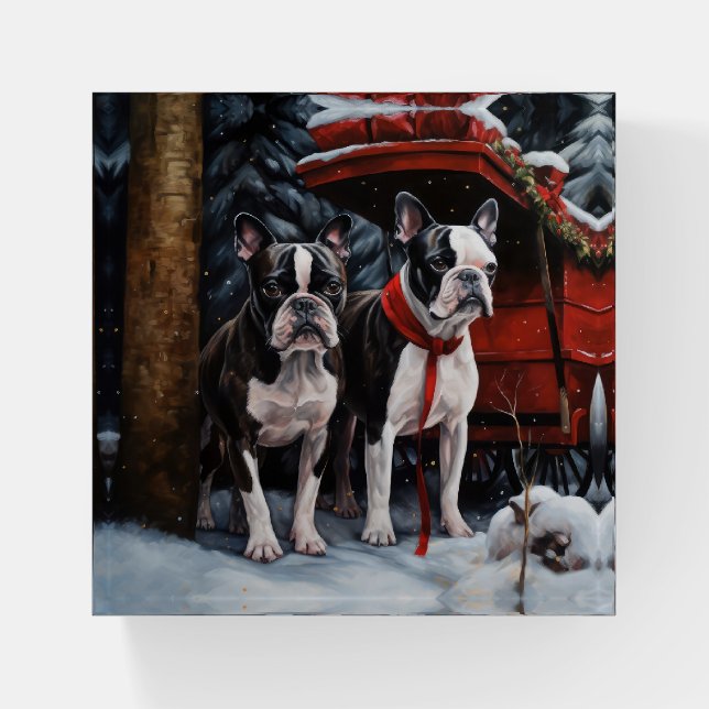 Boston Terrier Snowy Sleigh Christmas Decor   Paperweight (Front)
