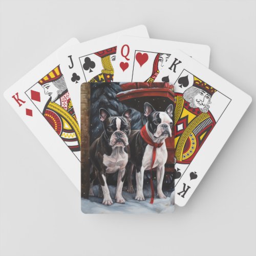 Boston Terrier Snowy Sleigh Christmas Decor   Playing Cards