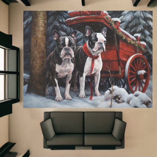 Boston Terrier Snowy Sleigh Christmas Decor Rug