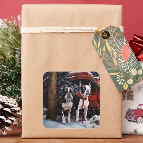 Boston Terrier Snowy Sleigh Christmas Decor    Square Sticker