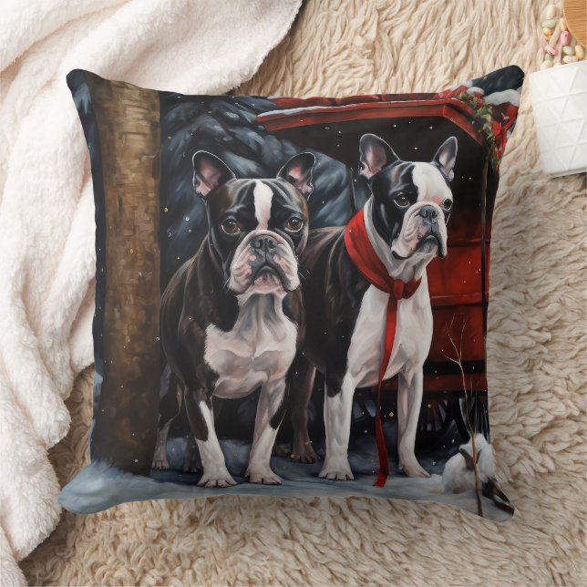 Boston Terrier Snowy Sleigh Christmas Decor    Throw Pillow (Blanket)