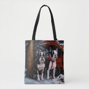 Boston Terrier Snowy Sleigh Christmas Decor Tote Bag