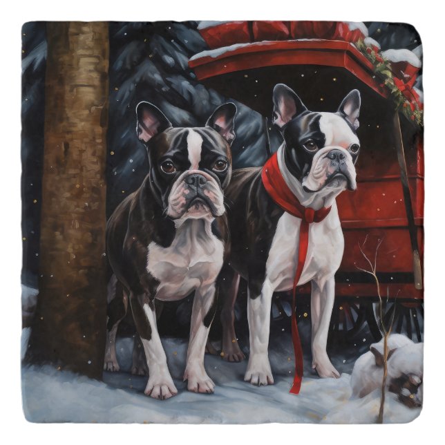 Boston Terrier Snowy Sleigh Christmas Decor    Trivet (Front)