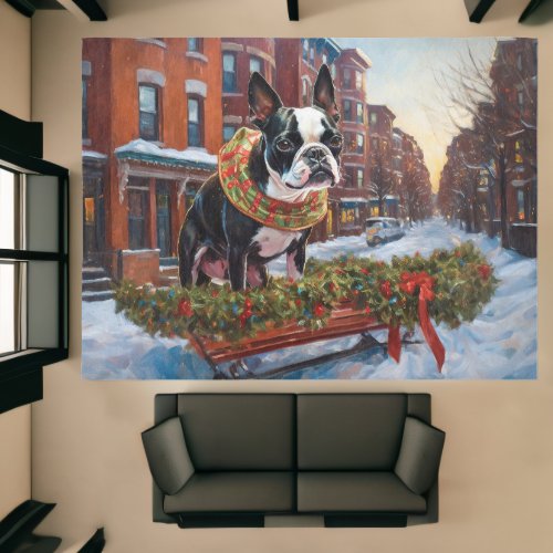 Boston Terrier Snowy Sleigh Ride Christmas Decor Rug