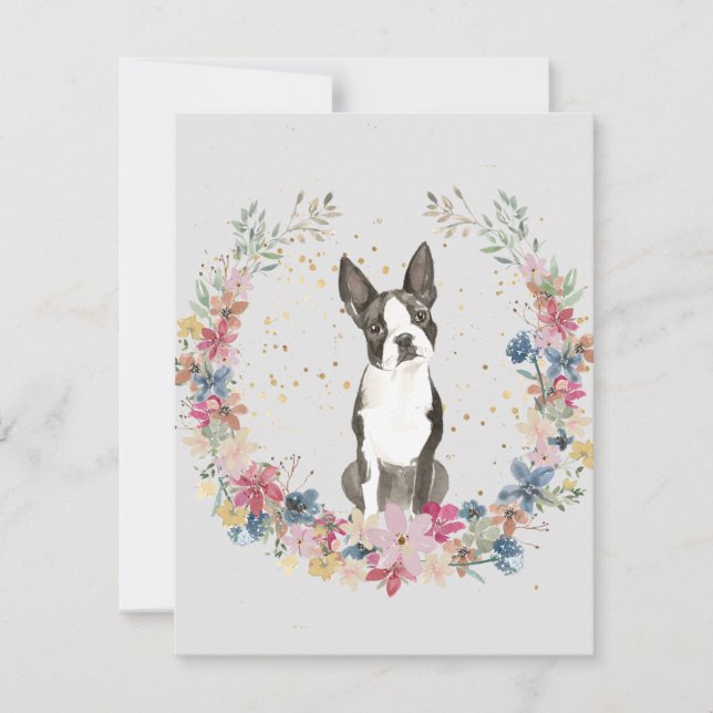 Boston Terrier Spring Flowers Monogram Note Card (Front)
