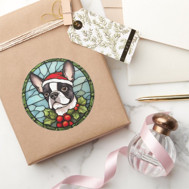 Boston Terrier Stained Glass Christmas Classic Round Sticker (Gifting)