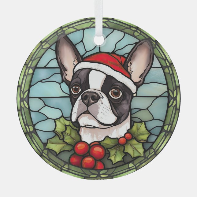 Boston Terrier Stained Glass Christmas Glass Ornament (Front)