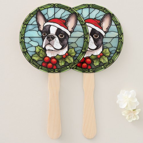Boston Terrier Stained Glass Christmas Hand Fan