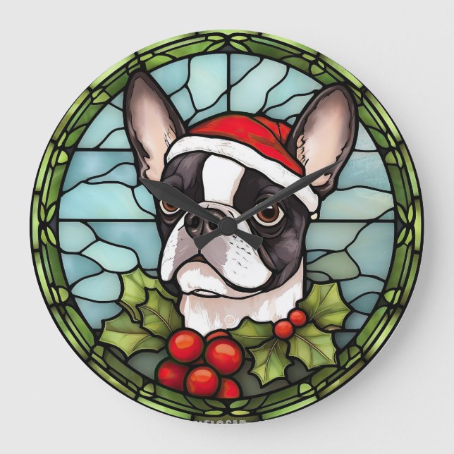 Boston Terrier Stained Glass Christmas Large Clock (Front)